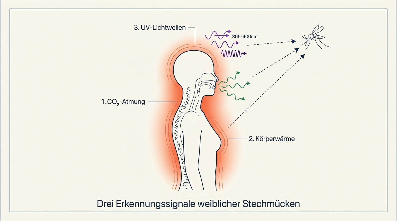 Infografik der drei Erkennungssignale weiblicher Stechmücken: CO2, Körperwärme, UV-Lichtwellen